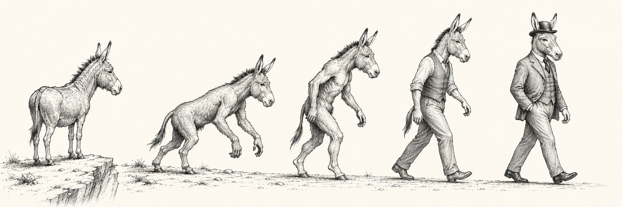 Five stages from beast to gentleman: a donkey at the cliff's edge, rising by degrees, until it walks upright in a frock coat and bowler.